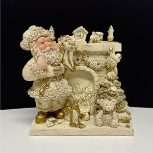 Festive Vintage Santa Claus & Fireplace Figurine in Cream & Gold EUC